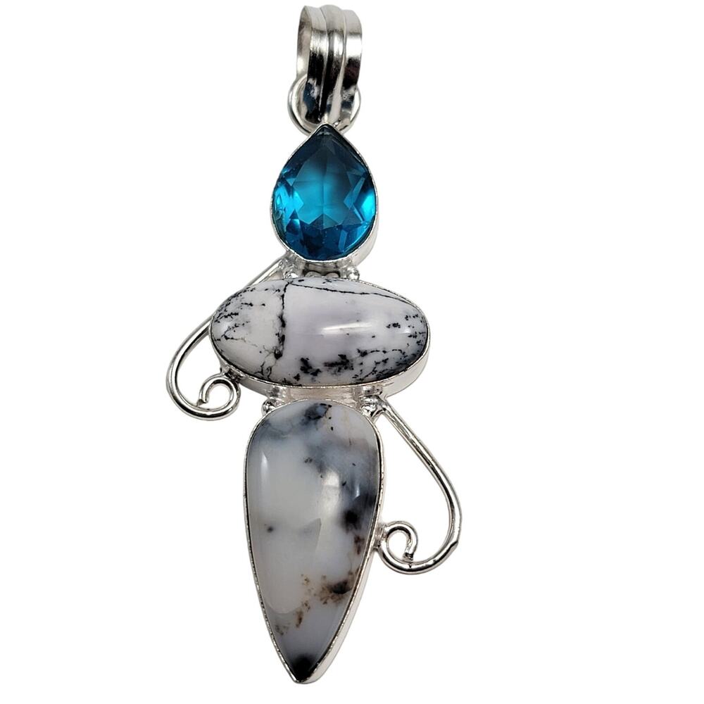 Blue Topaz Dendritic Opal Sterling Silver Pendant Necklace w/ Artisan Silverwork